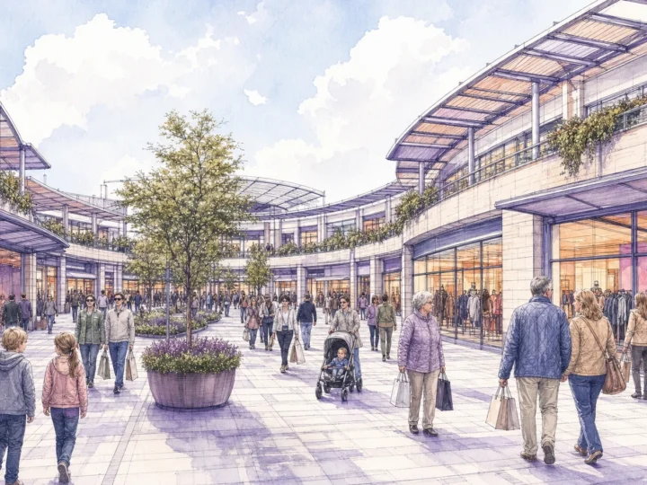 Ink and watercolor view of shoppers in the open-air arcades at Fashion Arena Prague Outlet