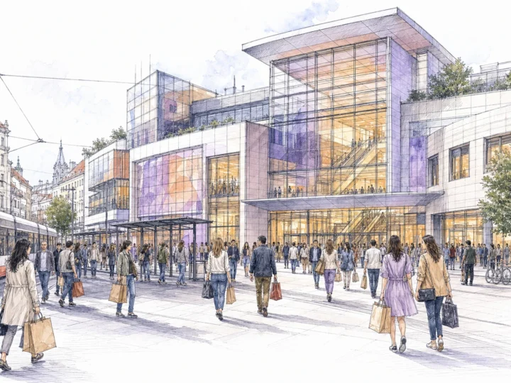 Ink and watercolor view of shoppers, a tram and the Nový Smíchov shopping center at Anděl in Prague