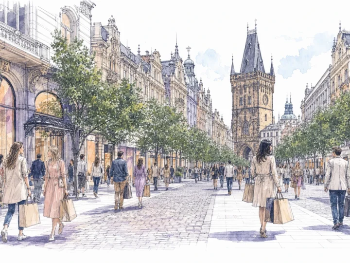 Ink and watercolor view of shoppers and unbranded boutiques on Pařížská in Prague Old Town