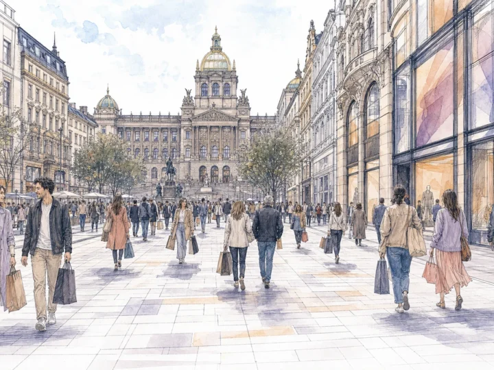 Ink and watercolor view of shoppers on Wenceslas Square and Na Příkopě with the National Museum in Prague