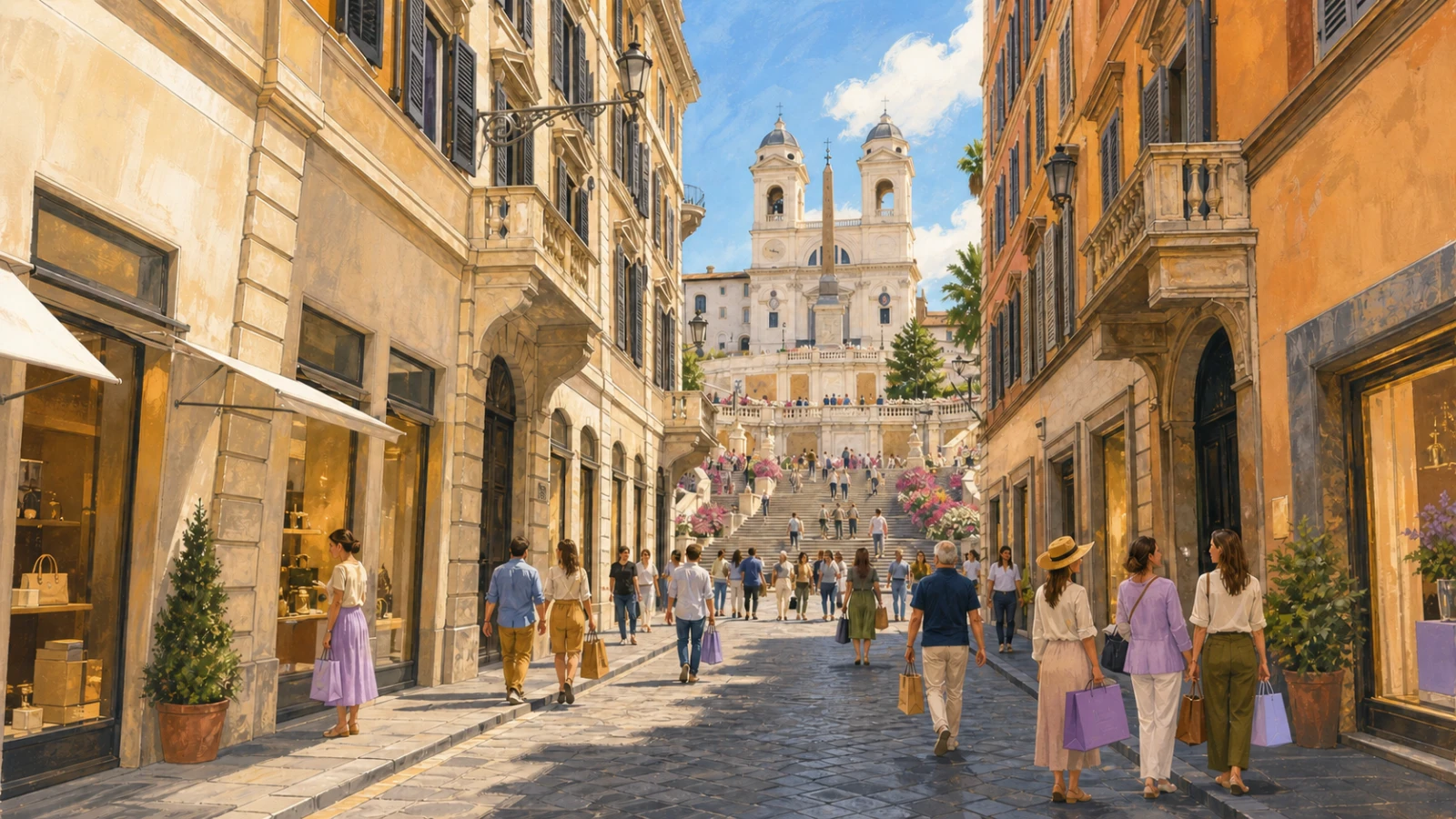 Shoppers on Via dei Condotti facing the Spanish Steps in Rome