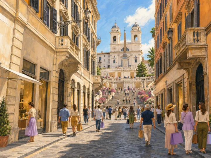 Shoppers on Via dei Condotti facing the Spanish Steps in Rome