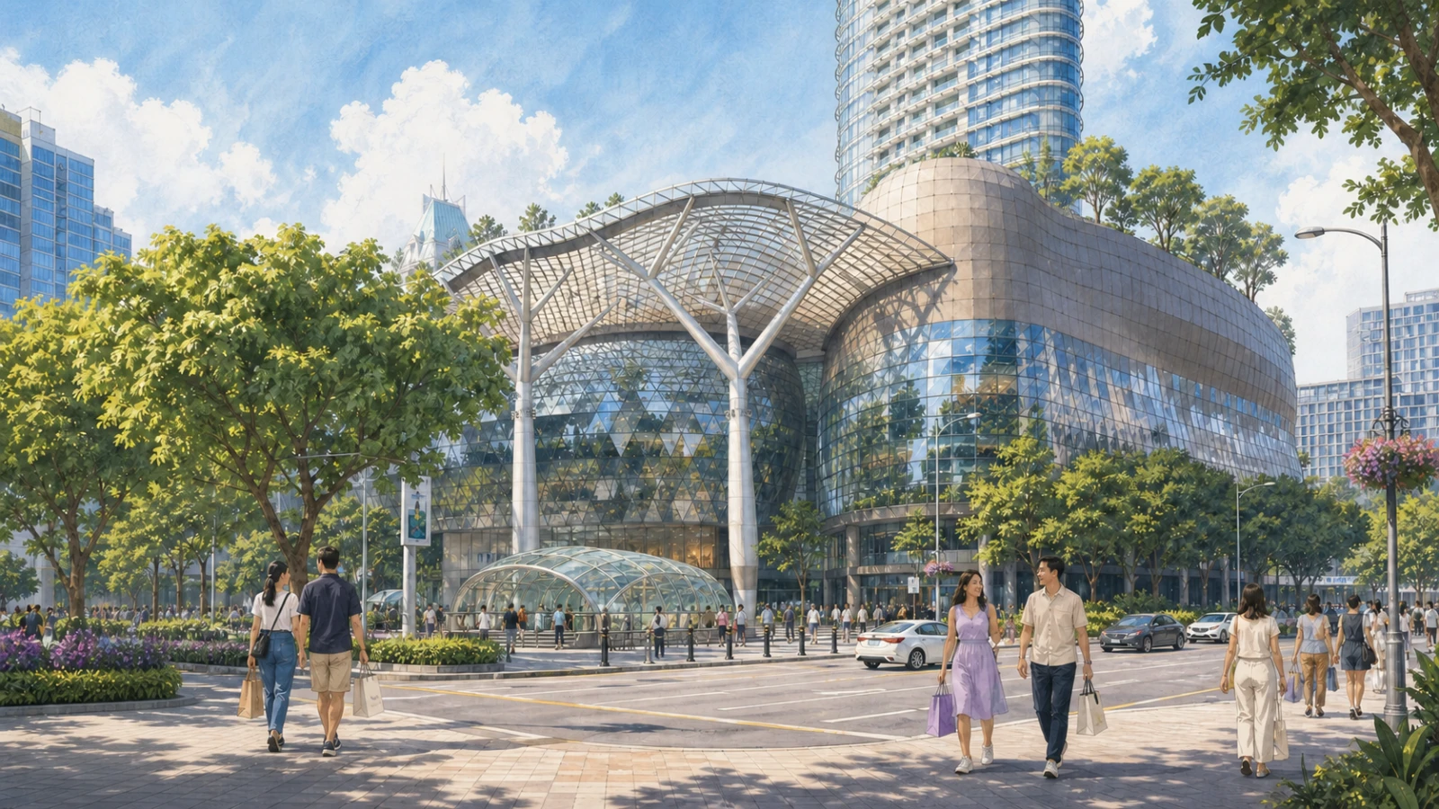 Shoppers walking along Orchard Road outside the glass facade and lattice canopy of ION Orchard in Singapore