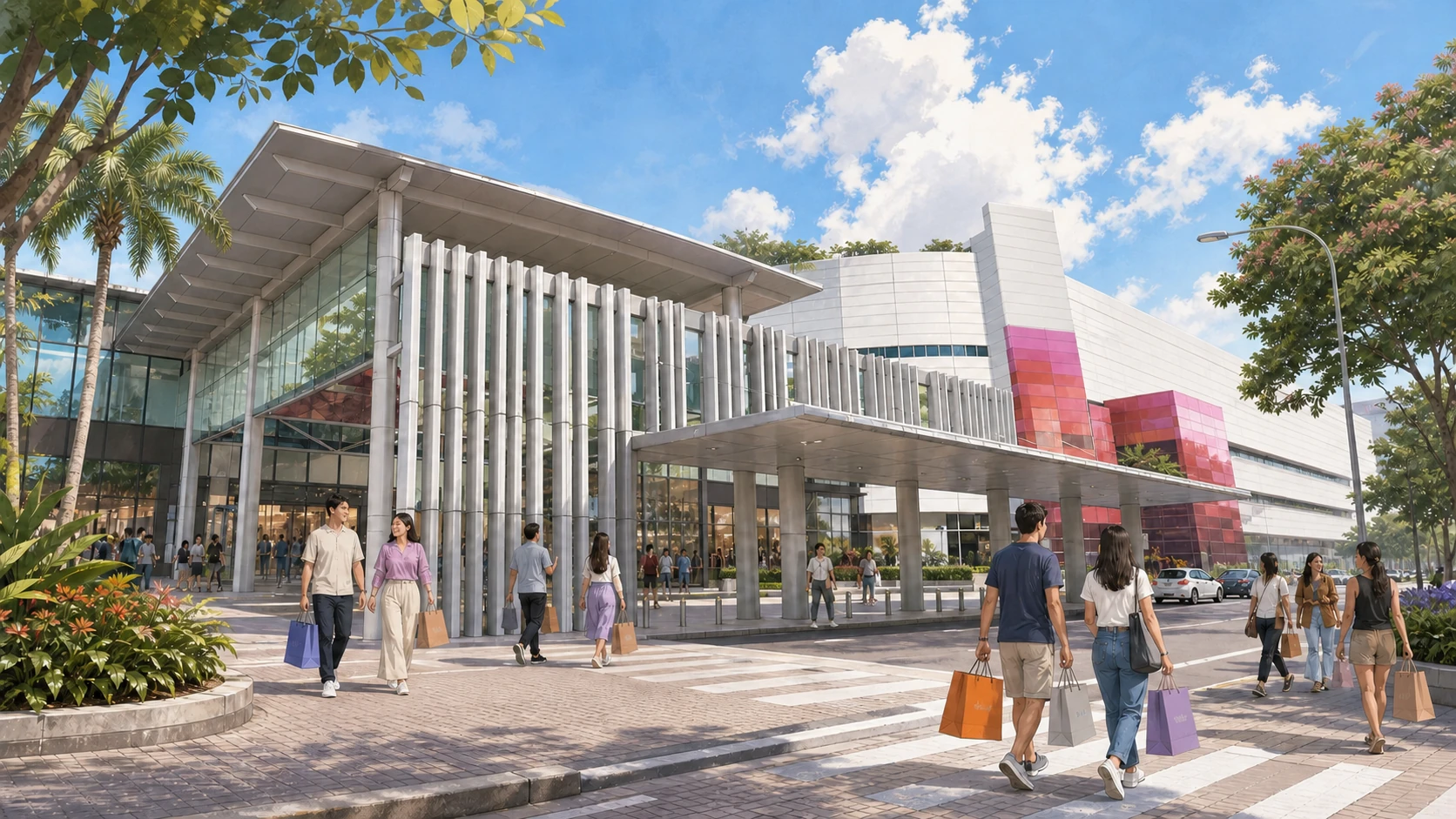 Outlet shoppers approaching the main entrance of IMM in Jurong East, Singapore