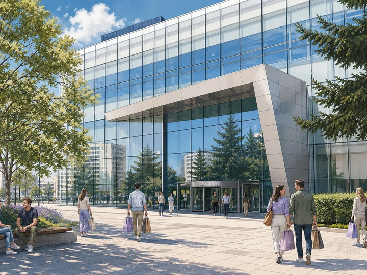 Illustrated shoppers outside the angular glass entrance and landscaped plaza at Bulgaria Mall in Sofia