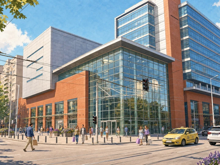 Illustrated shoppers at the glass corner entrance of Mall of Sofia beside the tram-lined boulevard