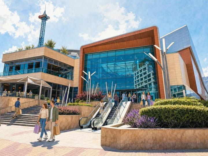 Illustrated shoppers using the stairs and escalators at Paradise Center in Sofia
