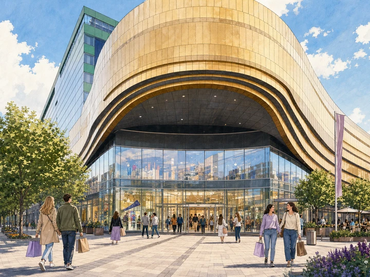 Illustrated shoppers outside the curved gold facade of Serdika Center in Sofia