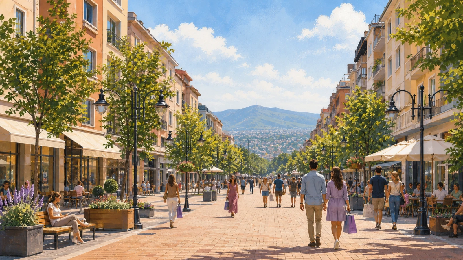 Shoppers on Vitosha Boulevard with Vitosha Mountain behind in Sofia