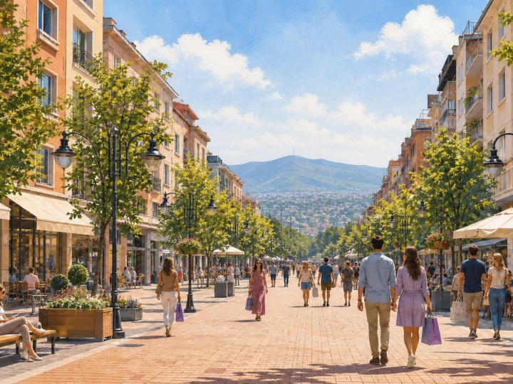 Shoppers on Vitosha Boulevard with Vitosha Mountain behind in Sofia