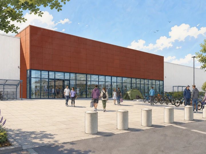 Editorial illustration of shoppers with bicycles and outdoor equipment outside the sports retail building in Timisoara's Calea Aradului retail area