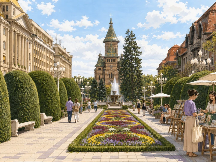 Editorial illustration of shoppers browsing crafts in Victory Square with the Metropolitan Cathedral in Timisoara