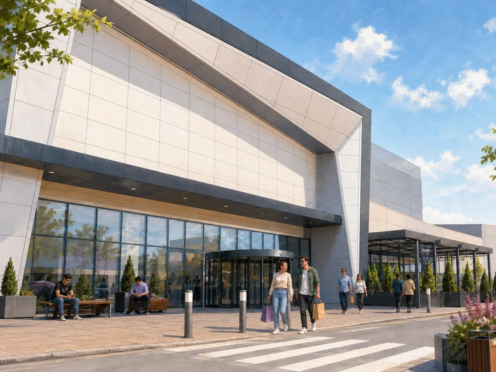 Editorial illustration of shoppers approaching the angular main entrance of Shopping City Timisoara