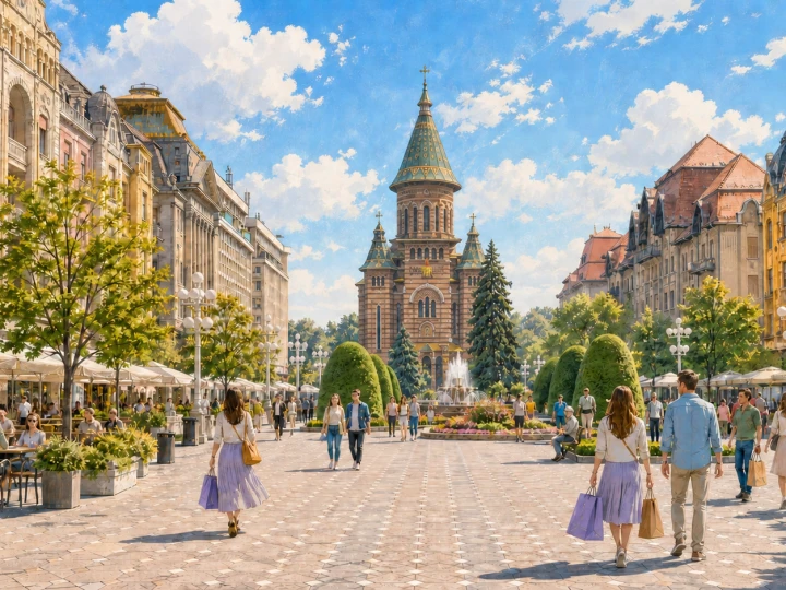 Shoppers in Victory Square facing the Metropolitan Orthodox Cathedral in Timisoara