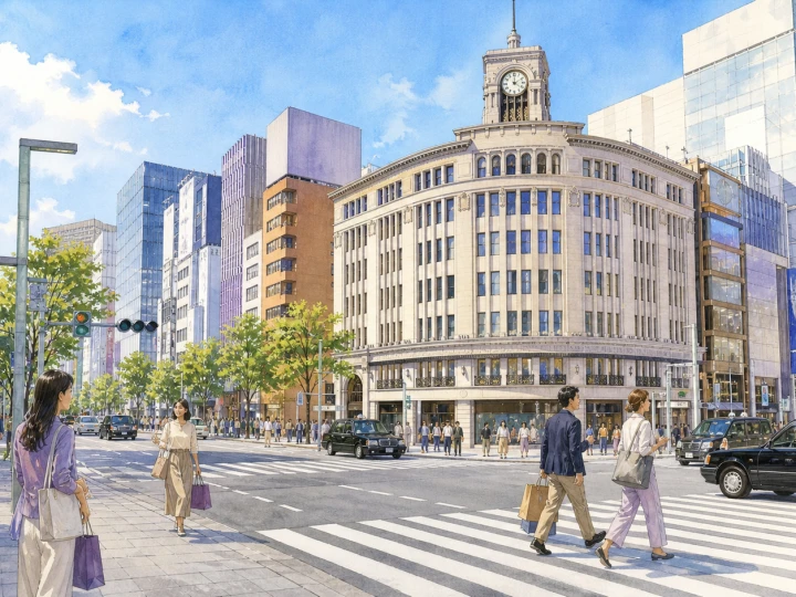 Shoppers crossing Ginza 4-chome with the Wako clock tower and Tokyo department-store facades