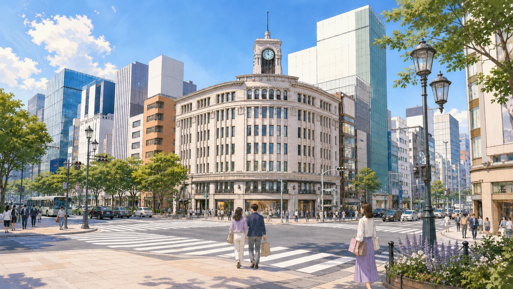 Shoppers crossing Ginza Four-Chome beneath the Wako clock tower in Tokyo