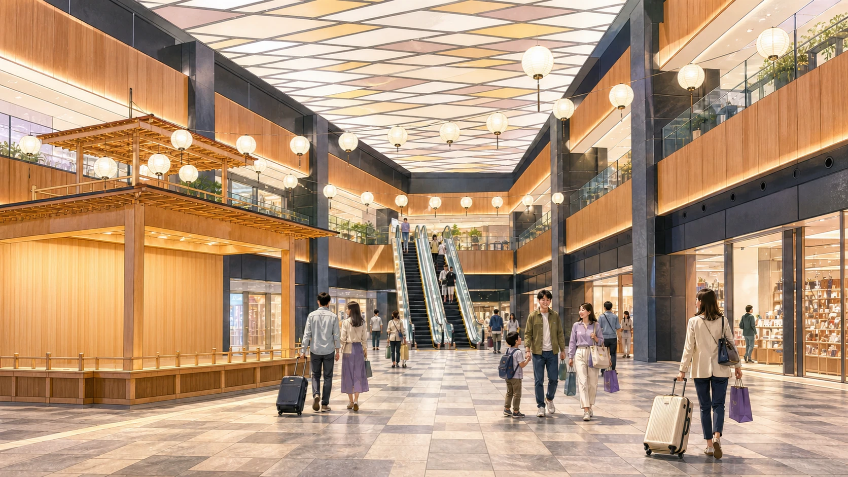 Travelers shopping in the timber-lined public atrium at Haneda Airport Garden in Tokyo