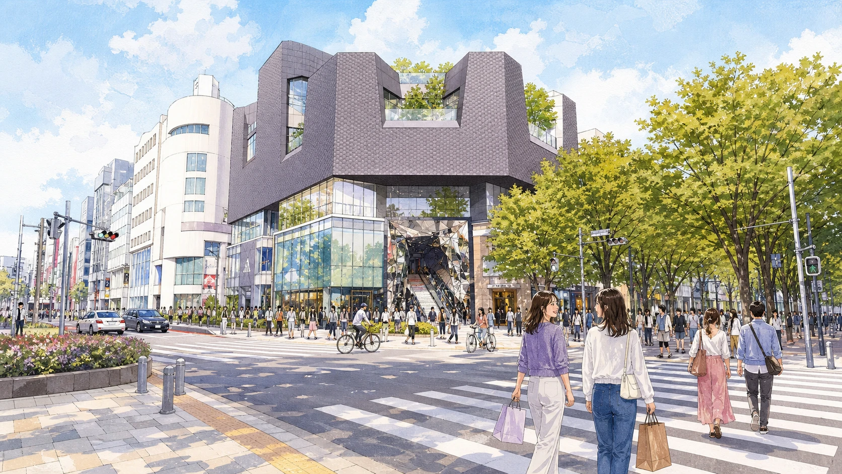 Fashion shoppers crossing outside the mirrored Tokyu Plaza entrance at Jingumae in Tokyo