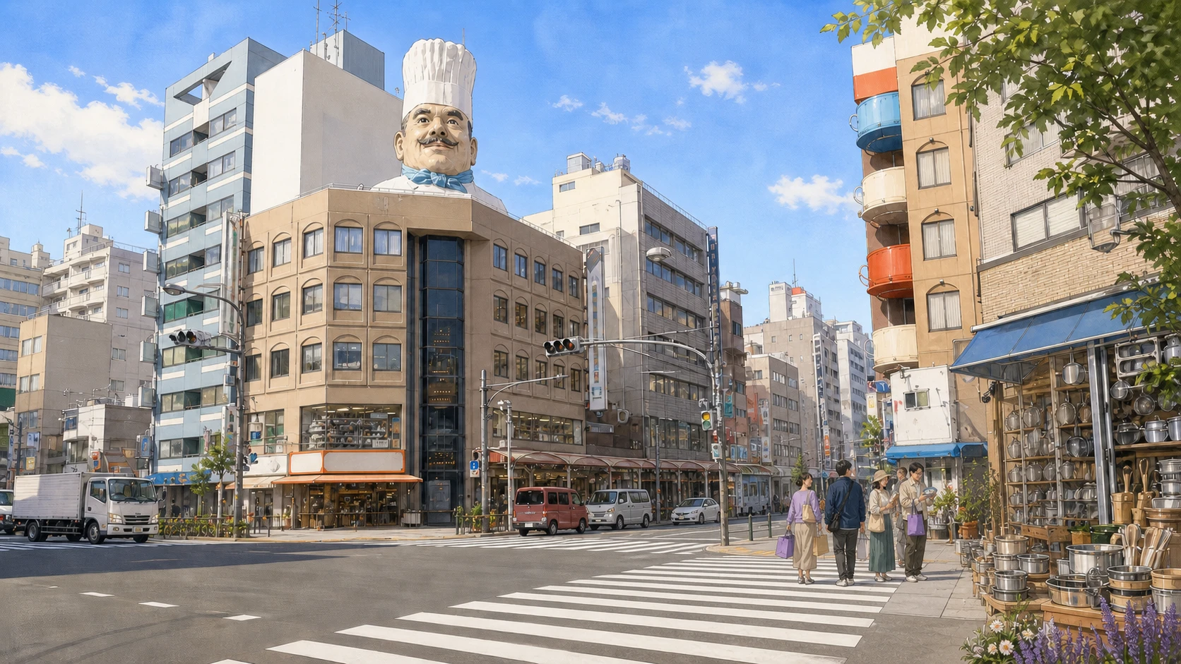 Kitchenware shoppers at the giant chef landmark on Kappabashi Dougu Street in Tokyo