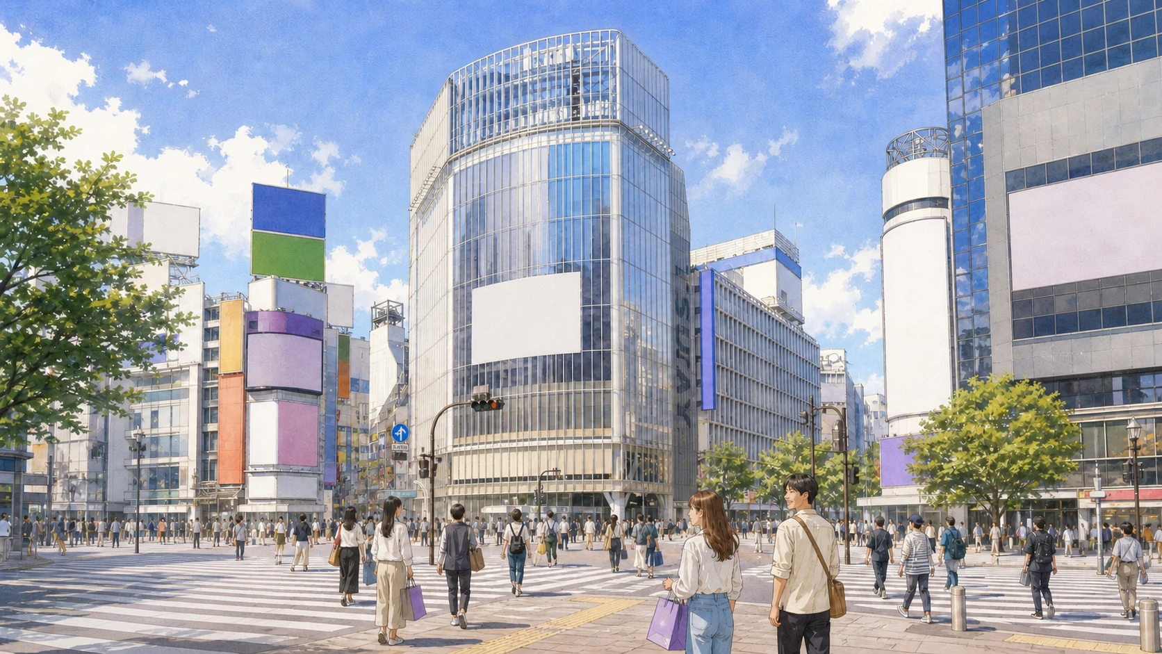 Shoppers crossing Shibuya Scramble outside the curved QFront building in Tokyo