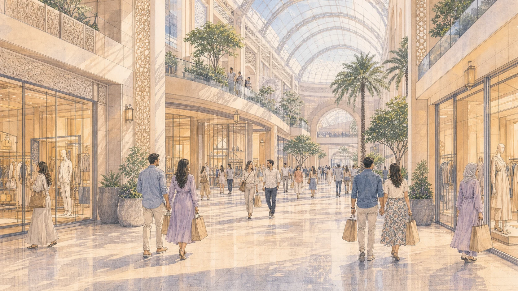 Shopping tourists walking through a modern mall atrium in the United Arab Emirates