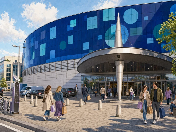 Illustrated shoppers approaching the curved blue facade and main entrance of Blue City in Warsaw