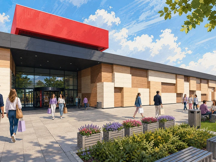 Illustrated outlet shoppers outside the wood-paneled entrance plaza at Factory Annopol in Warsaw