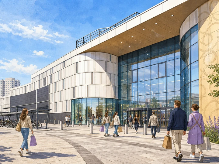 Illustrated shoppers approaching the curved glass entrance of G City Promenada in Warsaw
