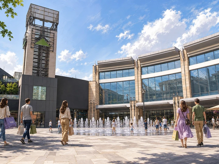 Illustrated shoppers crossing the fountain plaza outside Westfield Arkadia in Warsaw